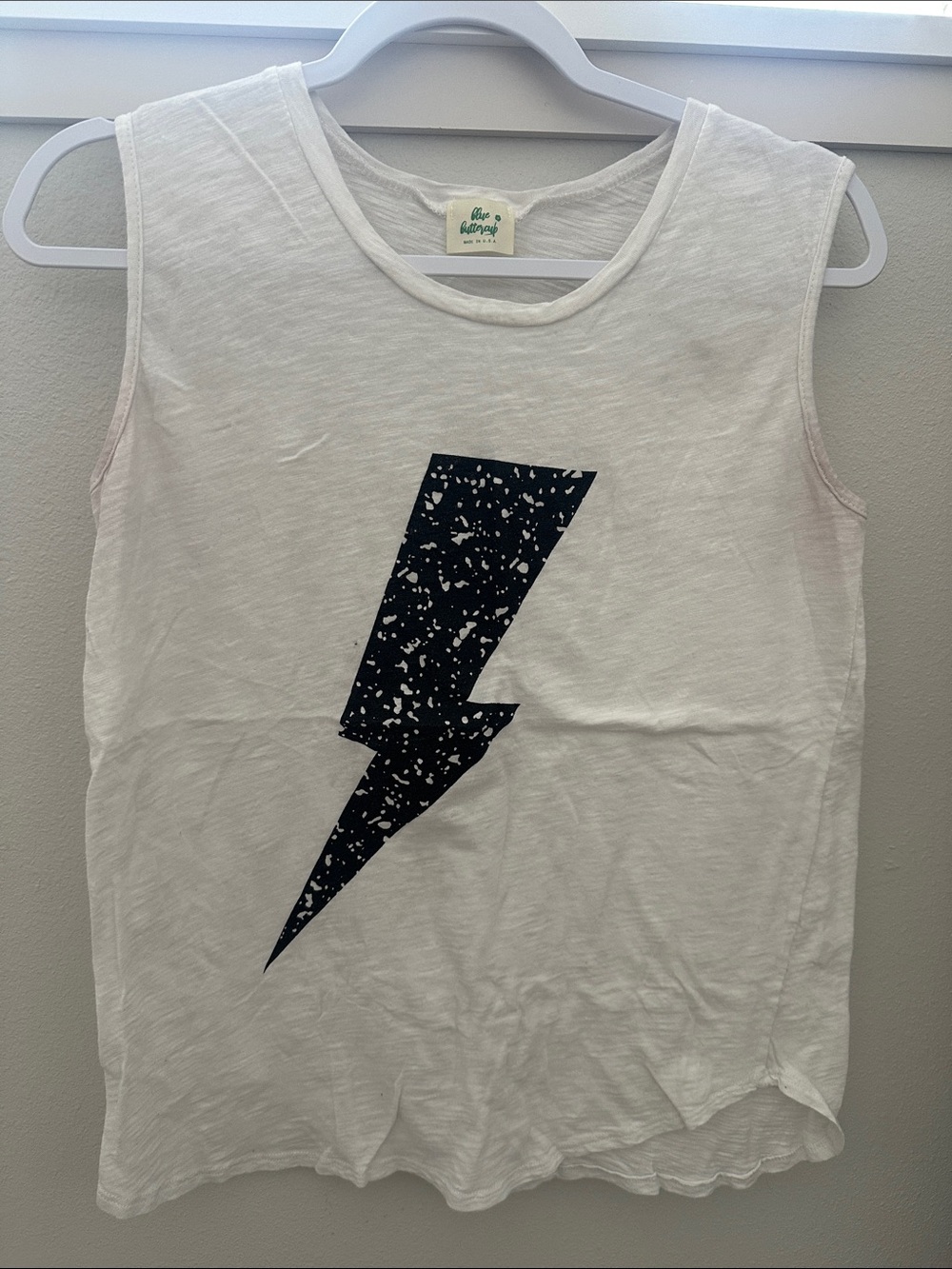 White Muscle Tank with Black Lightning Graphic - Unbranded